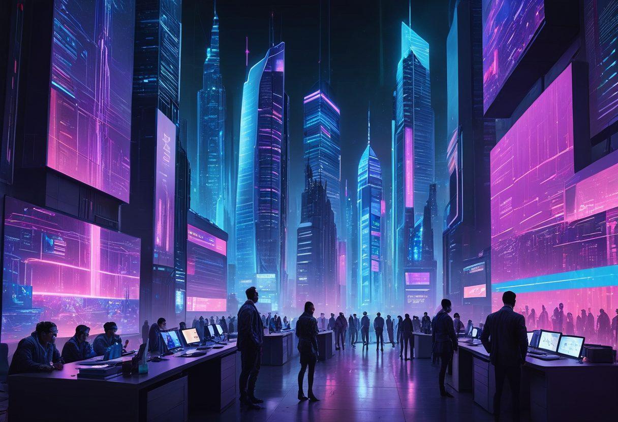A futuristic cityscape with neon-lit skyscrapers, holographic advertisements, and diverse digital devices seamlessly integrated into everyday life; a diverse group of professionals strategizing in a sleek, modern office, interfacing with digital displays showcasing web solutions, analytics, and design. cyberpunk. vibrant colors. super-realistic.