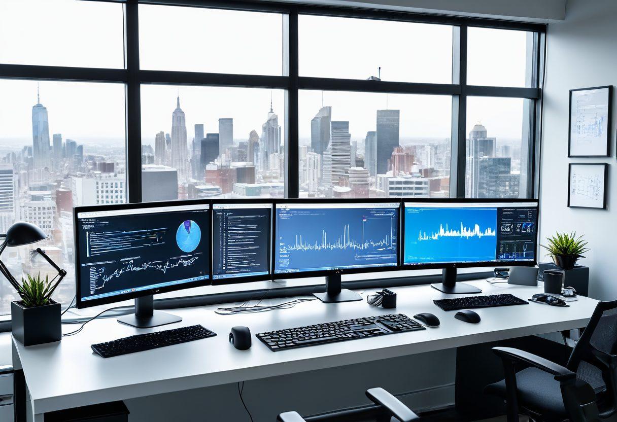 A futuristic and sleek digital workspace with multiple high-resolution monitors displaying diverse coding languages, web design mockups, and analytics charts. A UI/UX designer and a web developer are collaborating enthusiastically at a pristine white desk filled with gadgets and sketch papers. The background shows a panoramic cityscape through a large window, embodying an innovative and fast-paced tech environment. super-realistic. vibrant colors. white background.