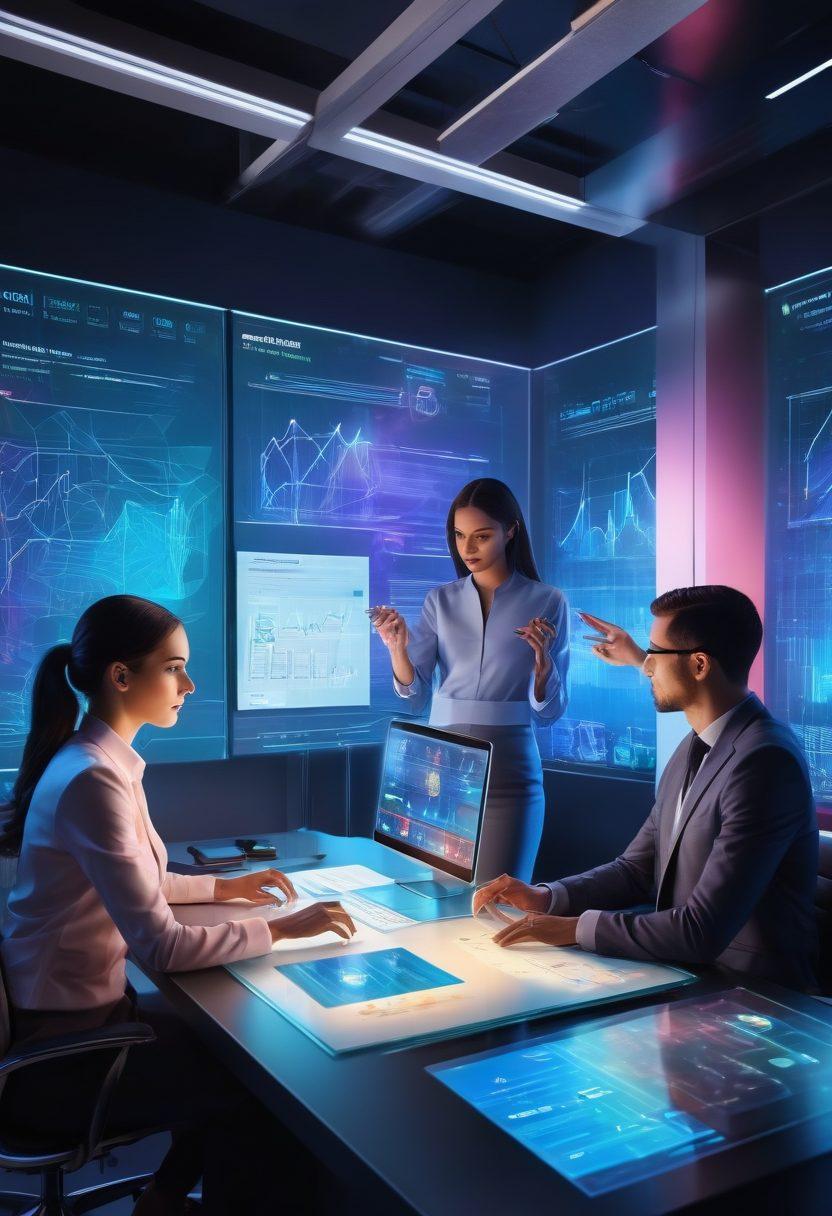 A futuristic office environment where multiple digital interfaces like touch screens, holograms, and data analytics charts are seamlessly integrated, displaying website performance metrics rising upwards. The scene should depict a team working collaboratively with focus and determination. super-realistic. vibrant colors. high-tech ambiance.